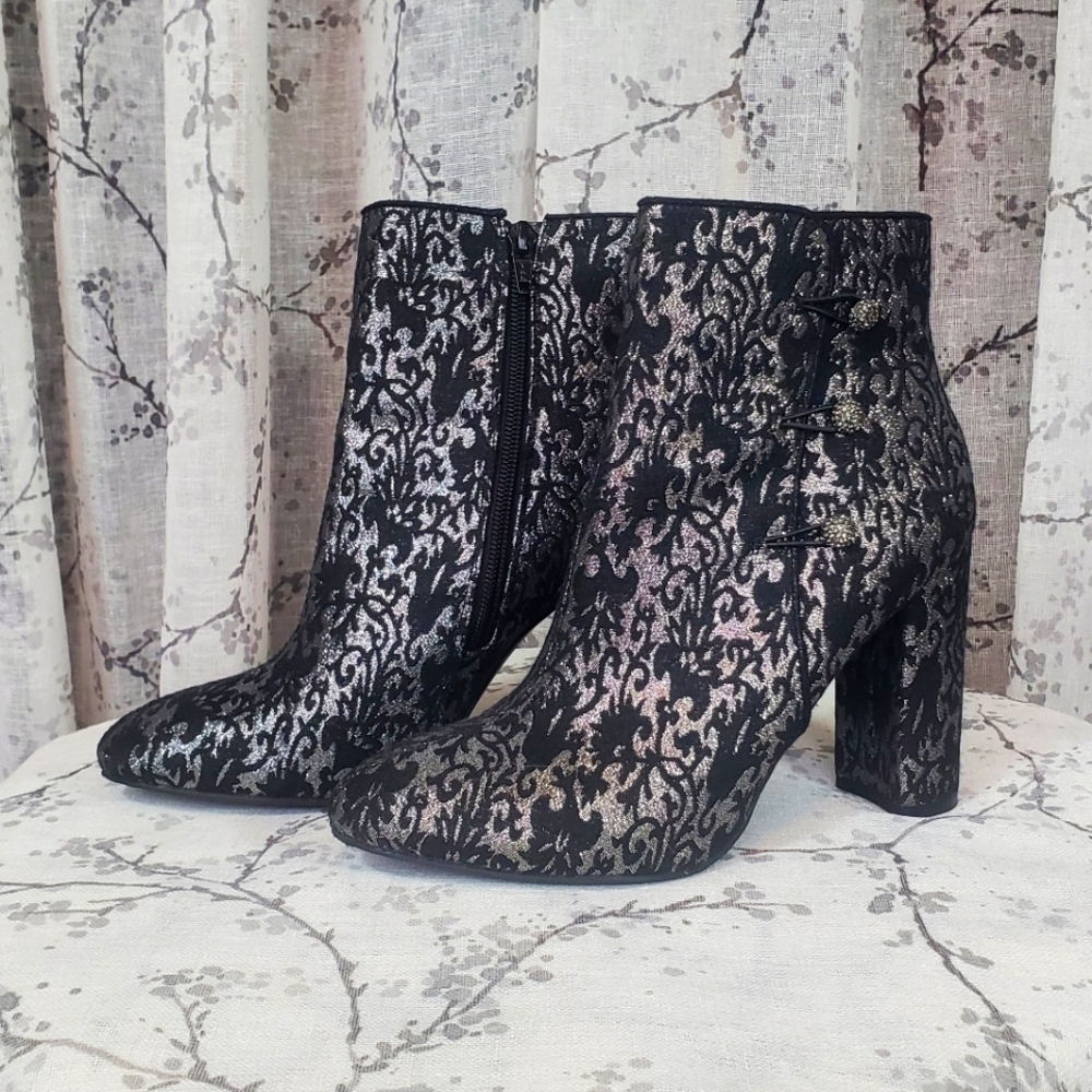 Nina Black Inamae Antique Black Silver Rhinestone Button Evening Fashion Booties